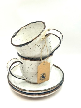 Filiżanka ceramiczna ze spodkiem z brązową lamówką ok 200 ml.